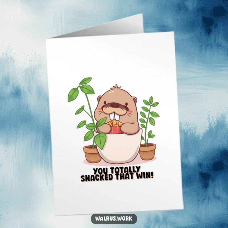 Funny Free Printable Congratulations Card: A giggling walrus hides snacks in a potted plant, a humorous delight for any celebration.