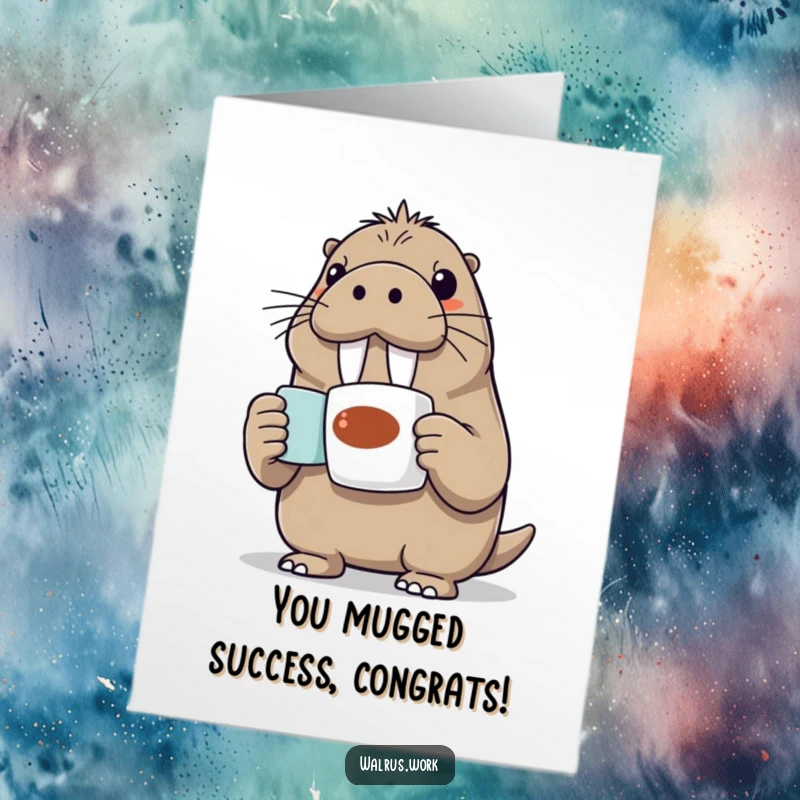 Funny Free Printable Congrats Card: Excited Walrus enthusiastically presents a coffee mug, celebrating your success with warmth.