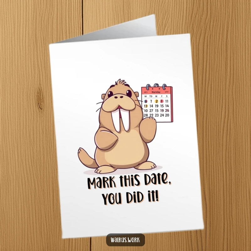 Funny Free Printable Congrats Card: A happy walrus dramatically points at a calendar, cheering on your achievements.