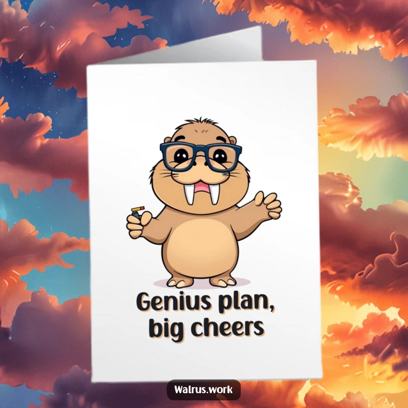 Funny Free Printable Congratulations Card: Walrus in Glasses Points Triumphantly at Whiteboard, Smart Success Art