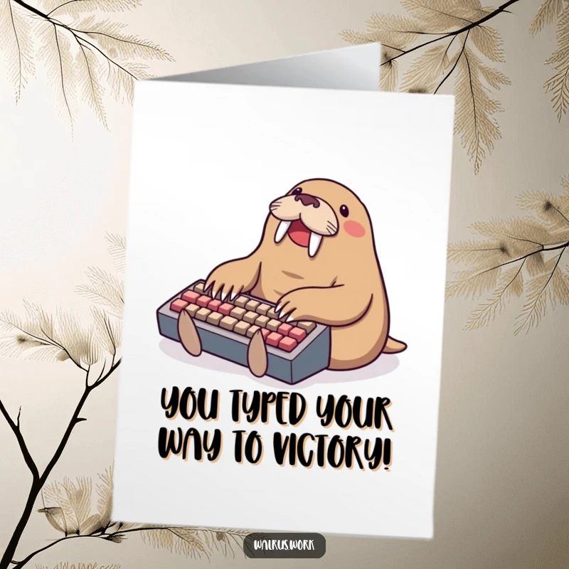 Funny Free Printable Congrats Card: Walrus joyfully types on a comically small keyboard, a hilarious downloadable congratulations.