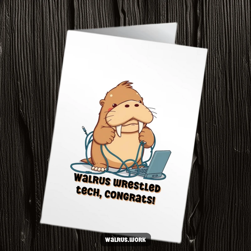 Free Printable Congratulations Card: A triumphant walrus finally conquers a daunting, tangled mess of computer cables.