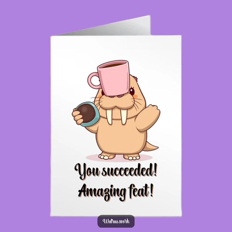 Free Printable Congrats Card: Walrus Coffee Balance Triumph - Humorous Download