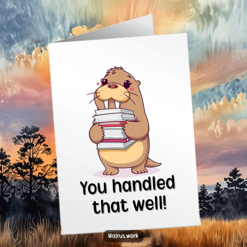 Funny Free Printable Congrats Card: A walrus precariously holding many files, celebrating their success.