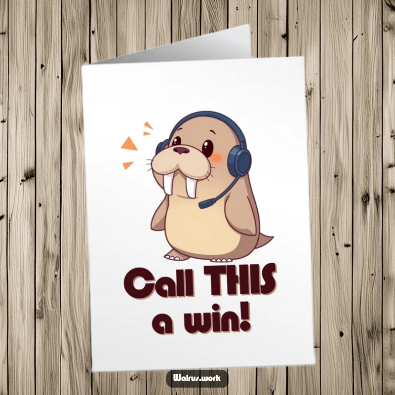 Funny Free Printable Congratulations Card: Walrus wearing a headset, startled by a ringing phone.