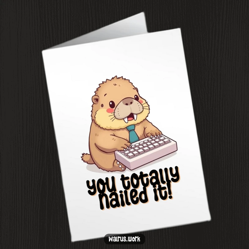 Funny free printable congratulations card showing a walrus in a tie typing furiously on a miniature keyboard.