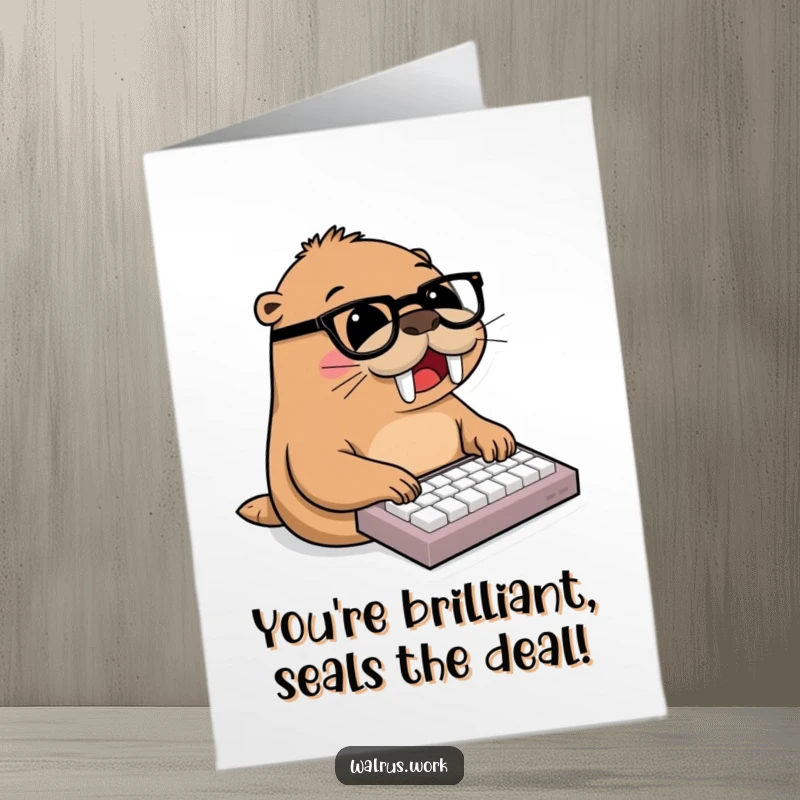 Free Printable Congratulations Card of a walrus wearing glasses joyfully typing on a miniature keyboard with flippers.