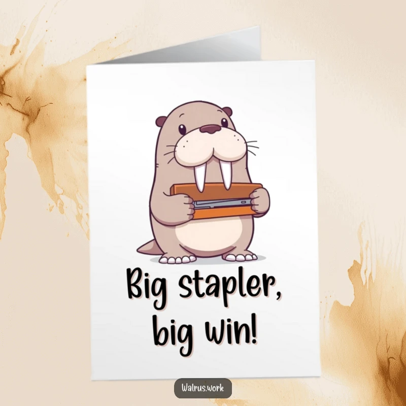 Free Printable Congratulations Card: A determined walrus attempts to use a ridiculously oversized stapler, symbolizing tackling big challenges.