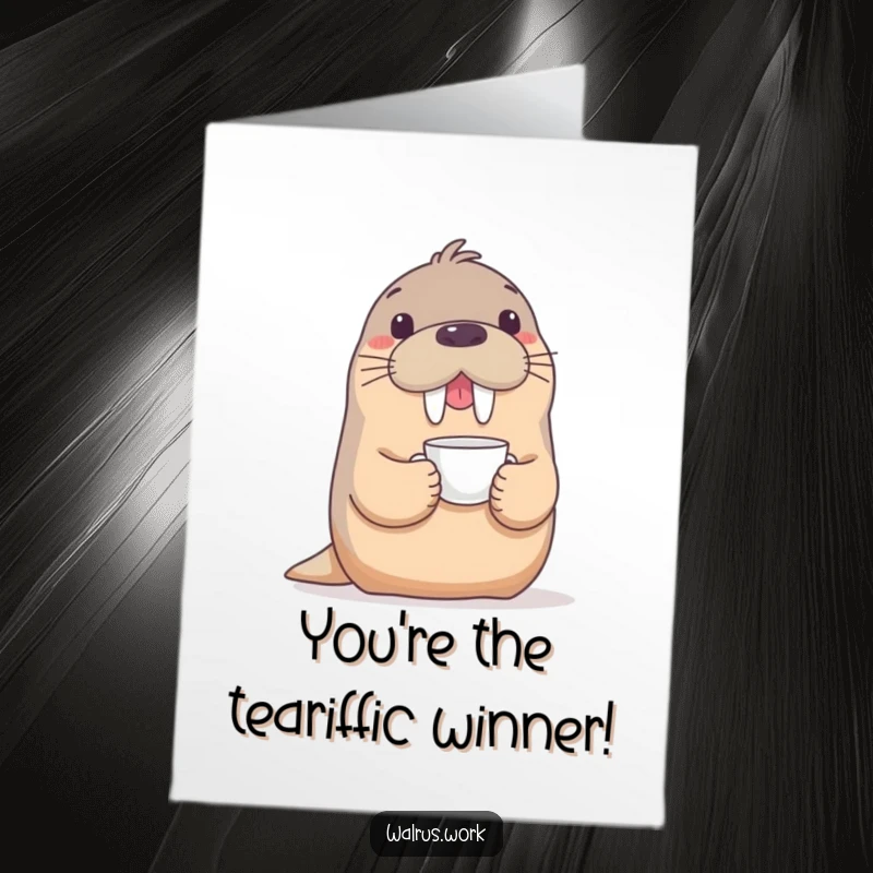 Funny Free Printable Walrus Congratulations Card: Playful walrus balances teacup on its snout, celebrating achievement.