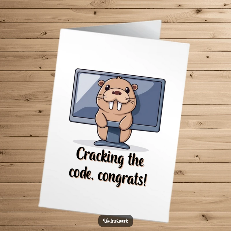 Funny free printable congratulations card: a playful walrus emerges from behind a large computer monitor, offering warm wishes.