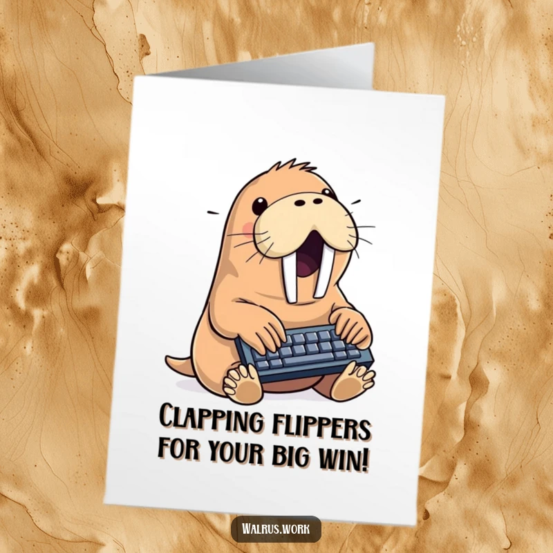 Funny Free Printable Congratulation Card: Enthusiastic walrus typing rapidly on a mini keyboard, celebrating success.