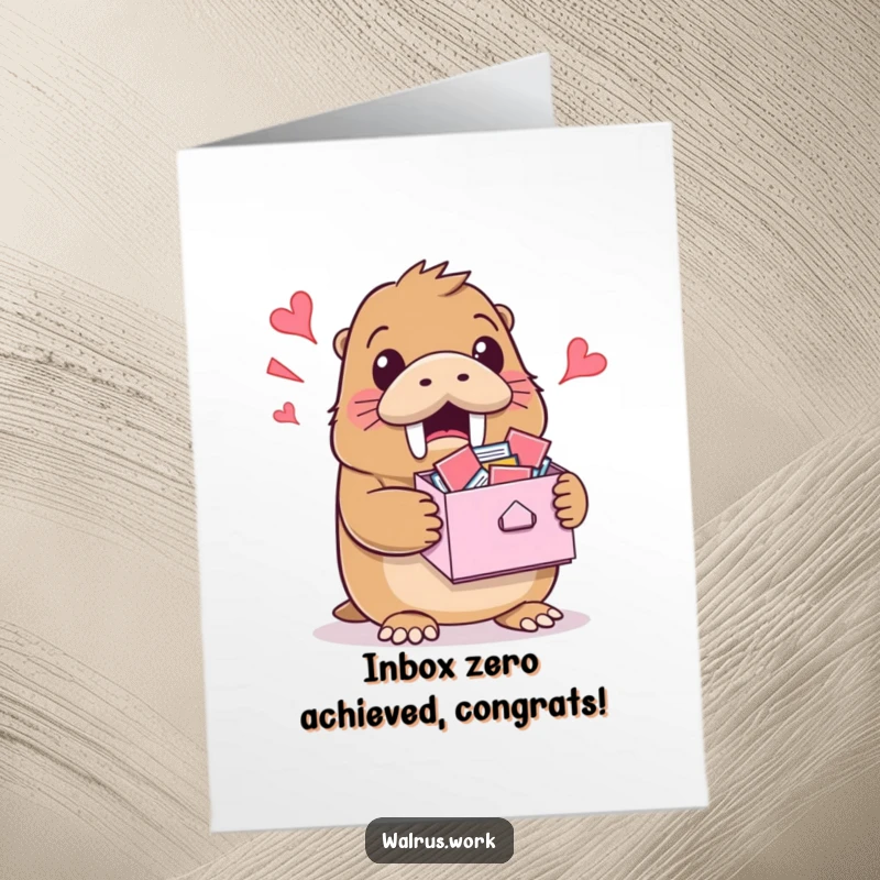 Funny Free Printable Congratulations Card: A walrus with a surprised grin juggles an overflowing inbox, celebrating triumph over tasks.