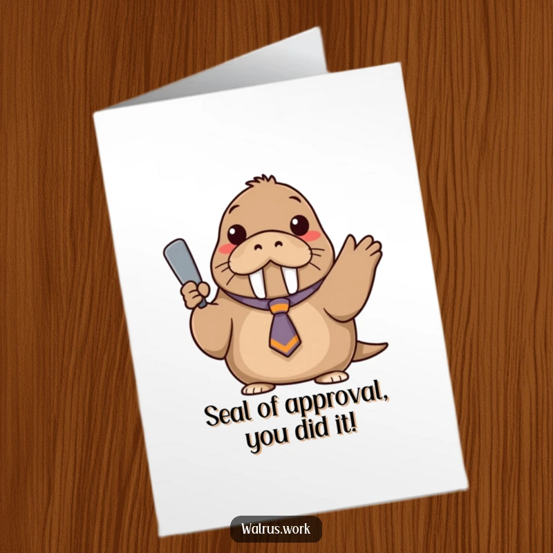 Funny Free Printable Congratulations Card: A walrus sporting a tiny tie confidently gestures, celebrating your impressive win.