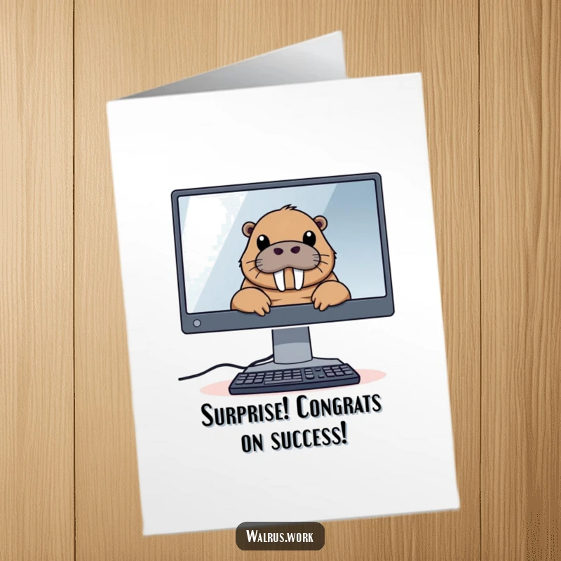 Funny Free Printable Congratulations Card: A walrus peeks from behind a large computer monitor, congratulating success.