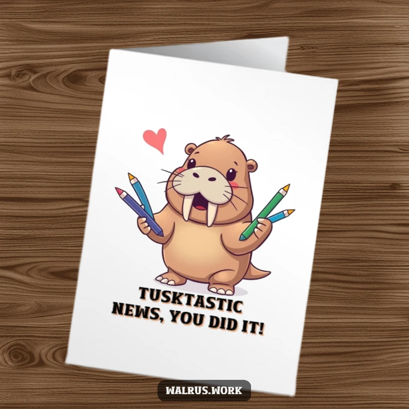Funny Free Printable Walrus Congratulations Card featuring a cheerful walrus artistically juggling pens, celebrating success.