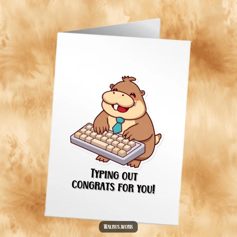 Funny Free Printable Congratulations Card: A cheerful walrus sporting a tiny tie enthusiastically types on an oversized keyboard, celebrating success.