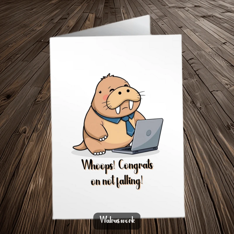 Funny Free Printable Congratulations Card: A flustered walrus wearing a tiny business tie stumbles over a laptop, celebrating your success.