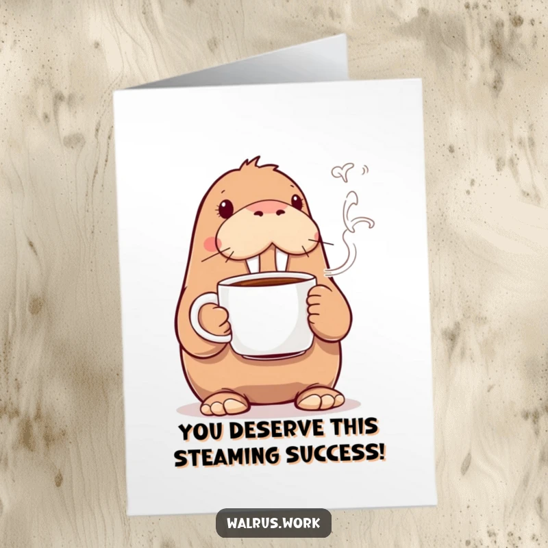 Funny Free Printable Congratulations Card: A walrus beaming while holding a hot coffee mug, steam swirling humorously, celebrating success.