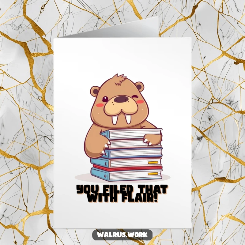 Funny Free Printable Congratulations Card: A cheeky walrus peeks from behind office files, winking with a grin to celebrate achievements.