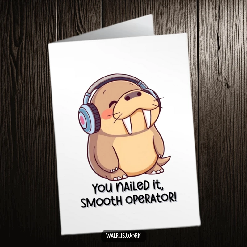 Funny Free Printable Congratulations Card: Walrus with headphones, grooving to music, celebrating a win.