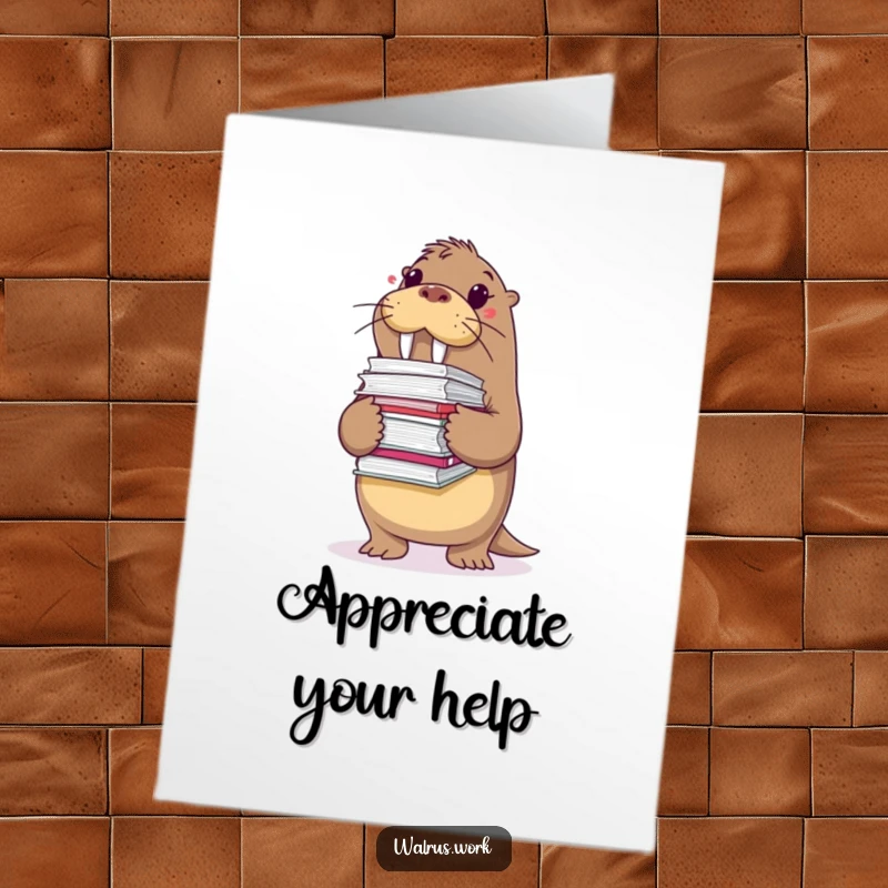 Funny Free Printable Thank You Card: A walrus wobbling under a massive stack of files, showing thanks.