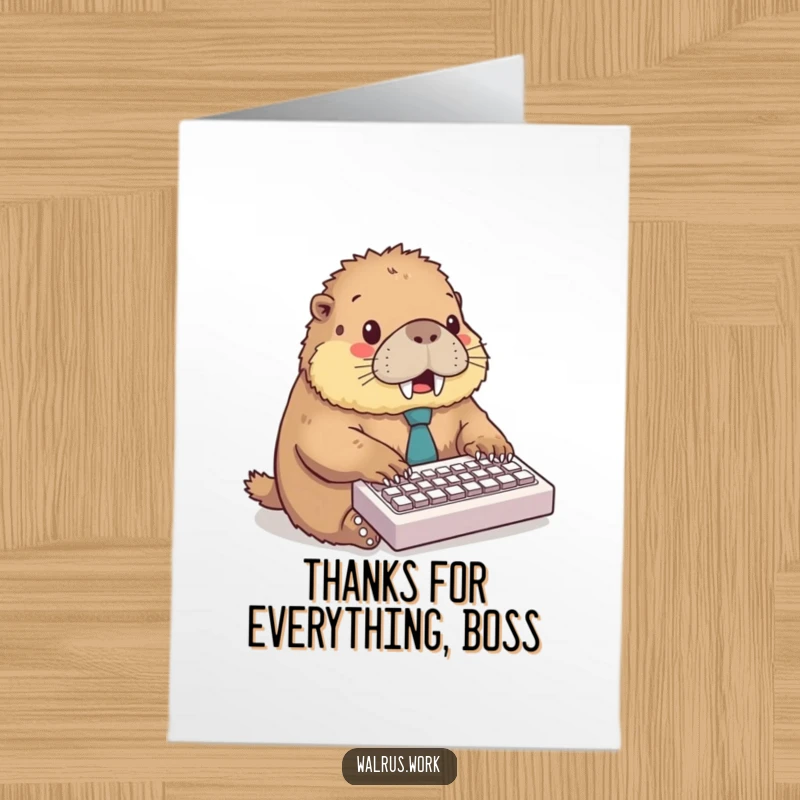 Funny free printable thank you card featuring a fluffy walrus wearing a tie, bustling at a small keyboard.