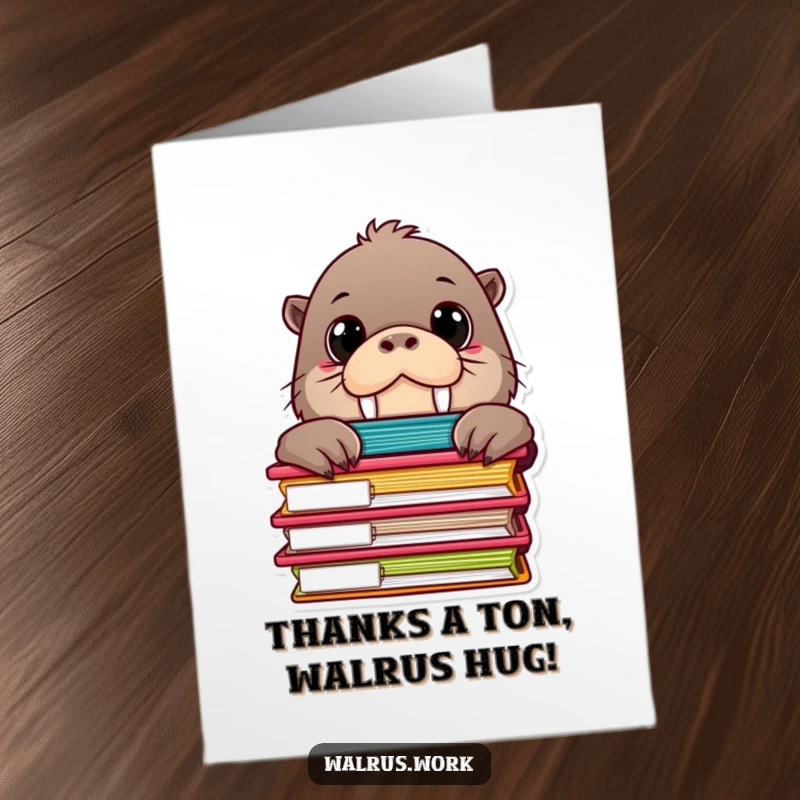 Funny Free Printable Thank You Card: Curious walrus with big eyes peeking from behind file folders.