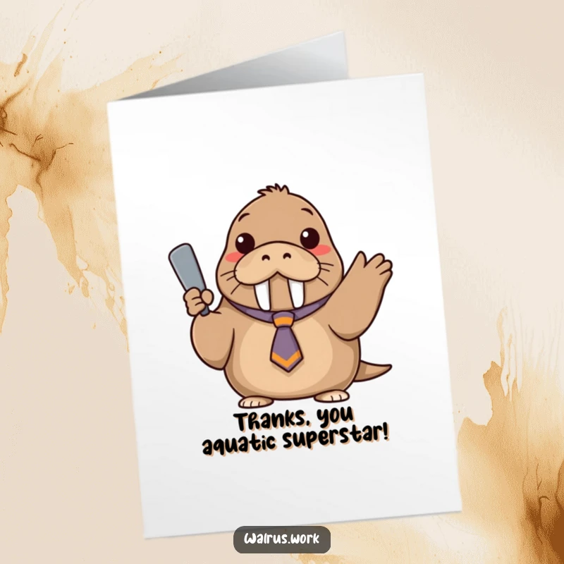 Funny Free Printable Thank You Card: A walrus in a stylish, askew tie gestures with a flipper, offering thanks.