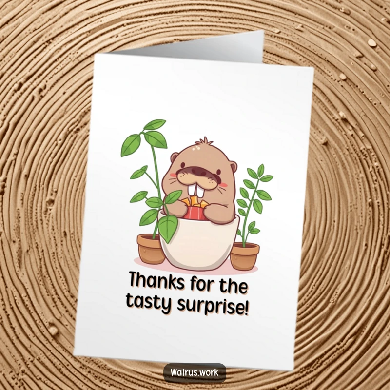 Funny Free Printable Thank You Card: A giggling walrus is caught hiding snacks in a potted plant, a humorous way to express thanks.