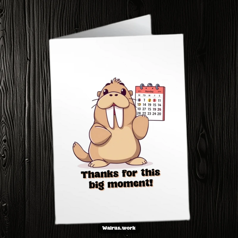 Funny Free Printable Thank You Card: A walrus joyfully points to a calendar date, signifying a moment of gratitude.