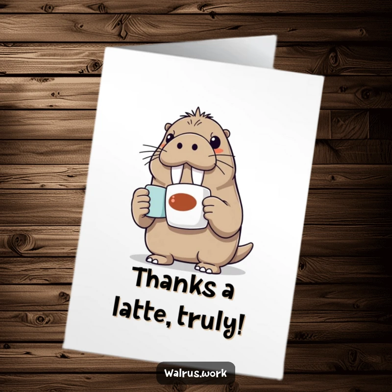 Funny Free Printable Thank You Card: Cheerful Walrus offers a coffee mug with heartfelt thanks, a warm gesture.