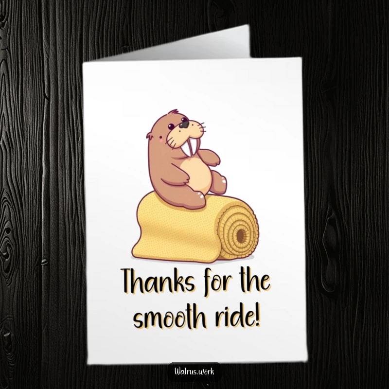 Funny Free Printable Thank You Card: Walrus sliding with excitement down a carpet bannister, expressing thanks.