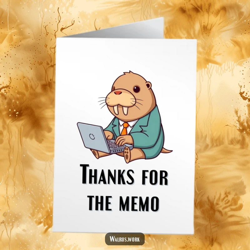 Funny Free Printable Thank You Card: Walrus in Tiny Suit Typing Enthusiastically on Laptop, Business Thank You