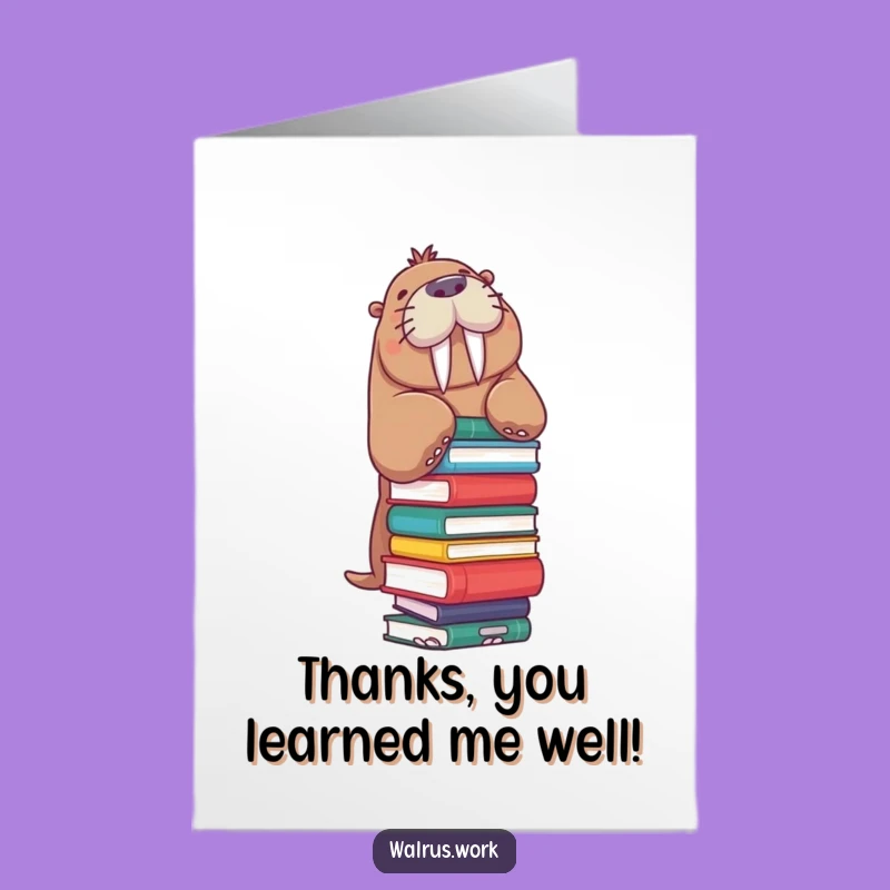 Free Printable Thank You Card: Walrus Book Stack Thanks, Downloadable & Print at Home