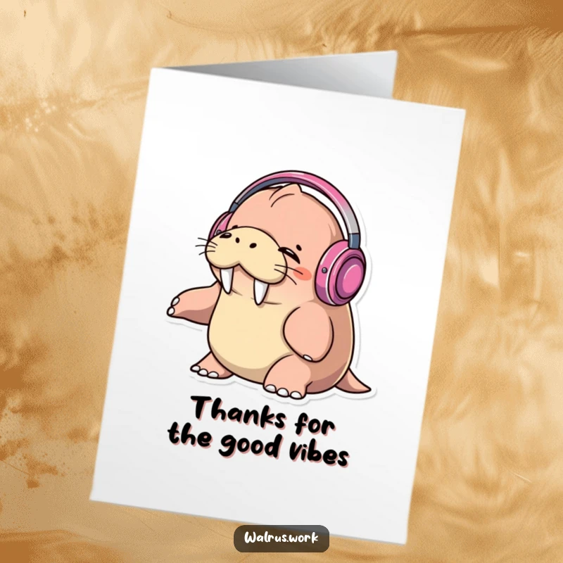 Funny Free Printable Thank You Card: Walrus DJ with headphones, sending musical thanks, looking cool.