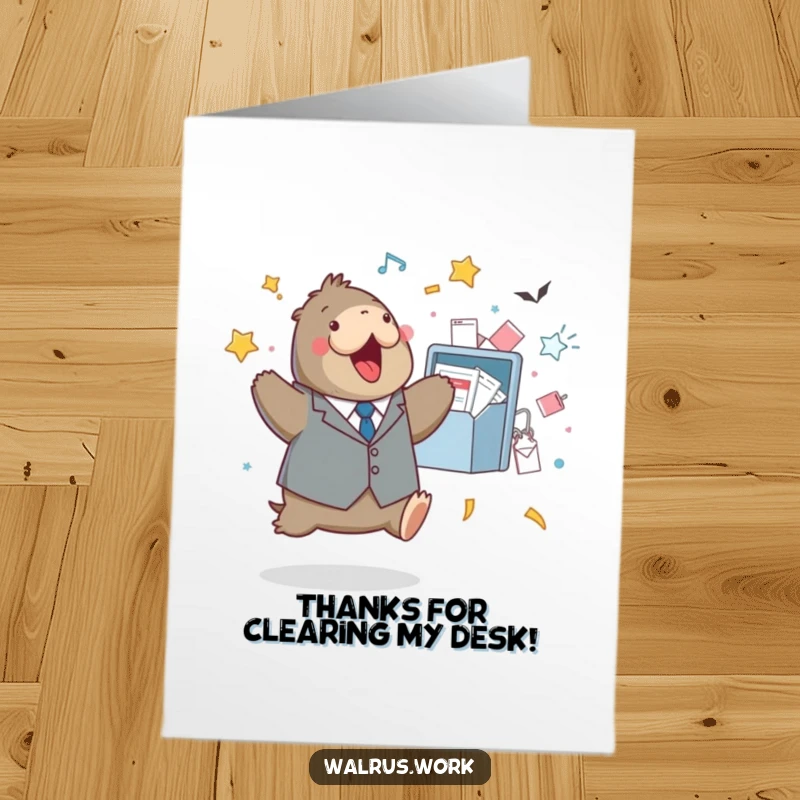 Funny Free Printable Thank You Card: A suited walrus joyfully jumping near an overflowing inbox.