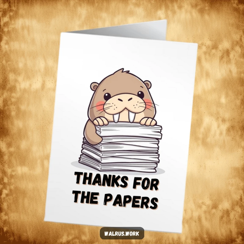 Funny Free Printable Thank You Card: A walrus comically peeking from behind stacks of papers, showing gratitude, downloadable.