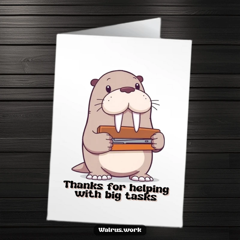 Funny Free Printable Thank You Card: A walrus humorously struggles with a giant stapler, representing help with overwhelming tasks.