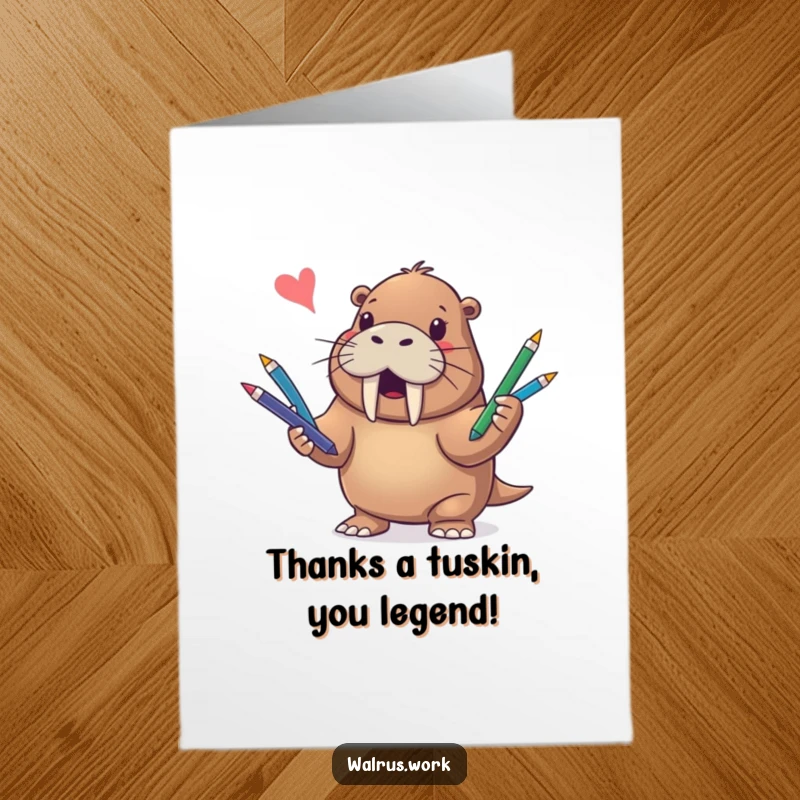 Funny Free Printable Walrus Thank You Card depicting a smiling walrus skillfully juggling pens, a unique way to say thanks.