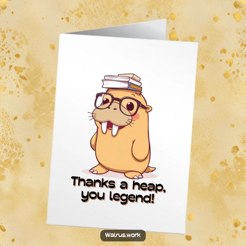 Funny Free Printable Walrus Thank You Card: Spectacled walrus balances paper stack on nose, expressing thanks warmly.