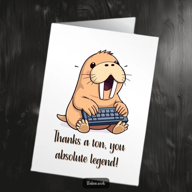 Funny Free Printable Thank You Card: Busy walrus typing on a small keyboard, expressing gratitude with humor.