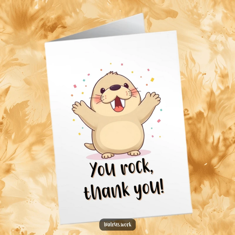 Funny Free Printable Thank You Card: A happy walrus showering confetti, great for a 'Print at Home' message of joyful thanks.