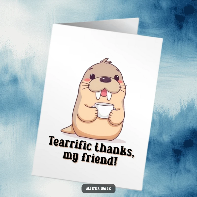 Funny Free Printable Walrus Thank You Card: Playful walrus balances teacup on its snout, offering thanks.