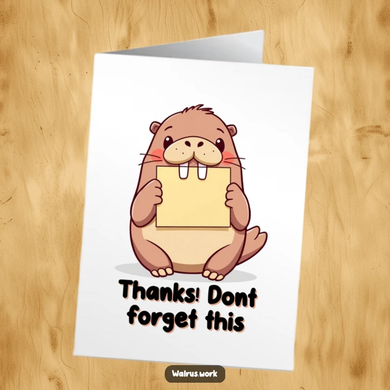 Funny Free Printable Thank You Card: Walrus happily presenting a colorful sticky note, a sweet downloadable thank you.