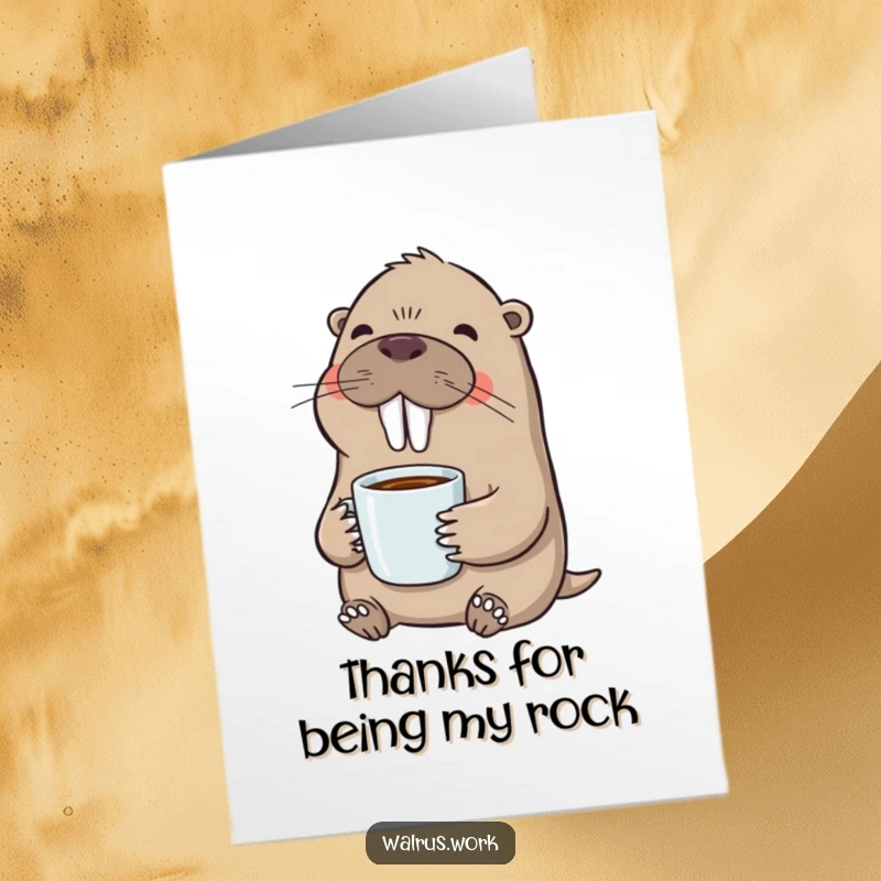 Funny Free Printable Walrus Thank You Card: A happy walrus enjoys coffee, conveying thanks. A perfect downloadable DIY sentiment.