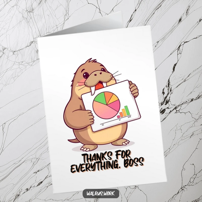 Funny Free Printable Thank You Card: Walrus excitedly shows a pie chart, expressing thanks with a smirk.