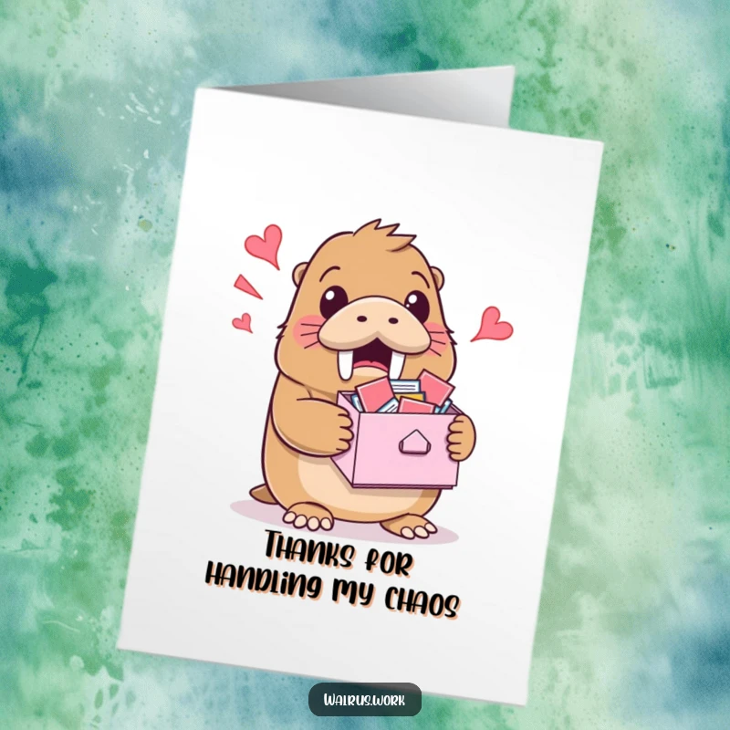 Funny Free Printable Thank You Card: A walrus grins in surprise amid a flood of emails, thanking you with a humorous twist.