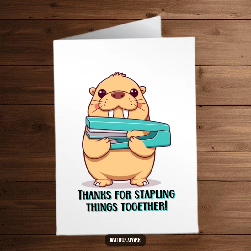Funny Free Printable Thank You Card: A proud walrus balancing a stapler on its nose, ingeniously saying thank you.
