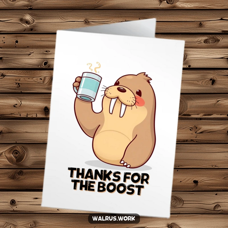 Funny Free Printable Thank You Card: A kawaii walrus raises a coffee mug in a toast, expressing sincere thanks.