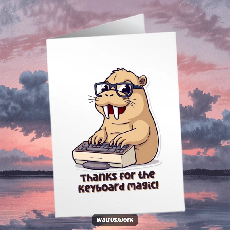Funny free printable thank you card: a walrus wearing glasses excitedly types on a keyboard, expressing gratitude for their efforts.